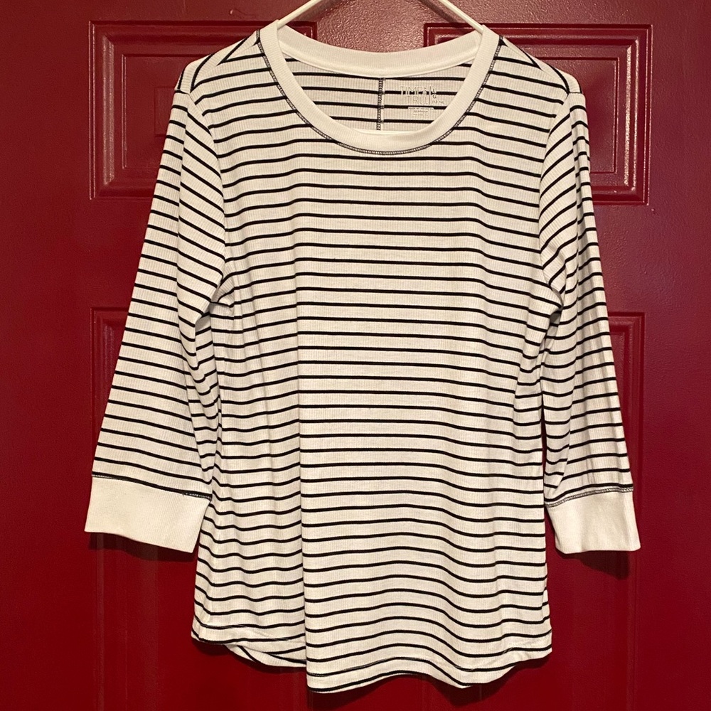 Time and True Ribbed Long Sleeve Shirt White w/Black Stripes Great Condition